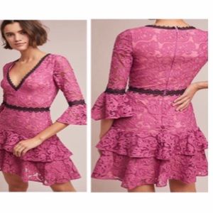 New ML Monique Lhuillier Anthropologie Ines 10 / M Rose Pink Tiered Lace Formal
